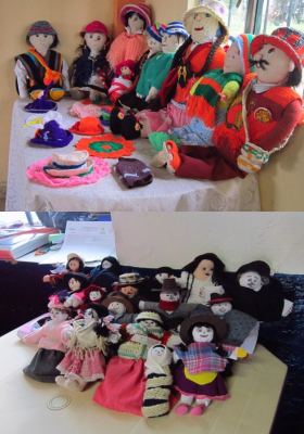Muñecos de trapo realizados por familias de resguardo indígena de Ipiales, comunidad de Shaquiñan. Departamento de Nariño (arriba) y muñecos de trapo realizados por familias de resguardo indígena de San Juan en Ipiales. Departamento de Nariño.(abajo)